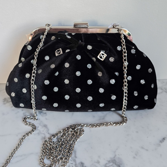 Sam & Libby New Brandi Velvet Black Polka Dot Bow Hobo Chain Crossbody Clutch - Picture 12 of 12